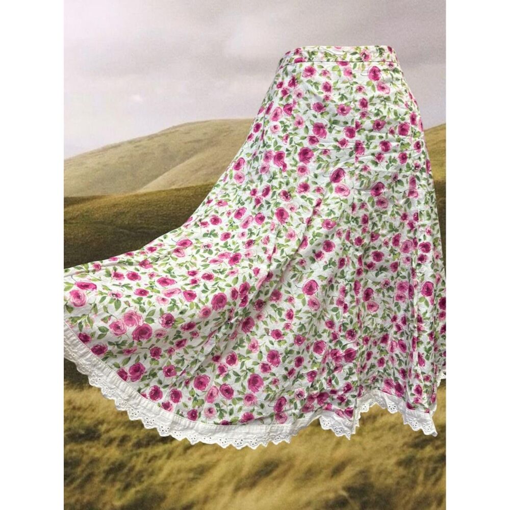 Coquette Girly Feminine Cotton Pin Up  Floral Lace Trim Midi Skirt